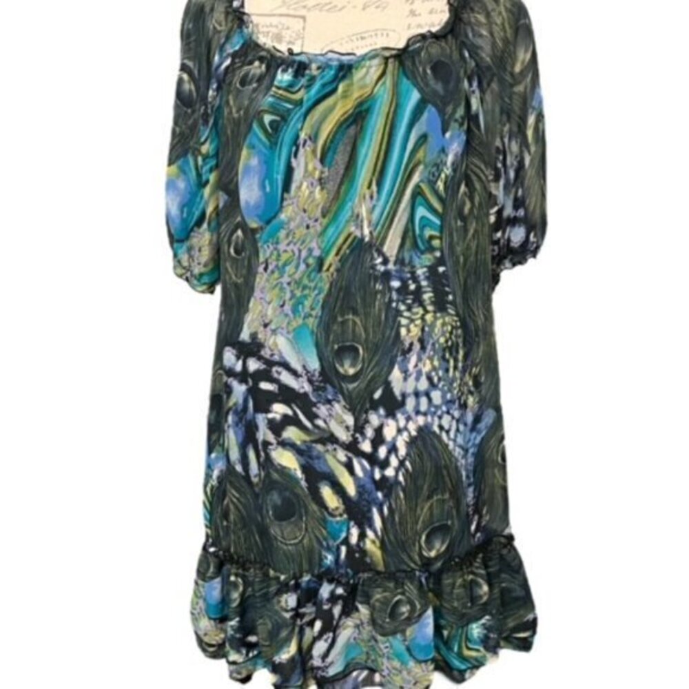 Belle Du Jour Mini Shift Dress M PEACOCK Feathers Ruffles BOHO Lined SUPER CUTE!